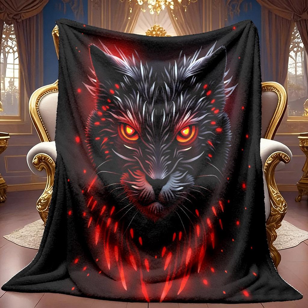 1pc 2D Dark Flame Cat Themed Pattern Flannel Blanket, Soft HD Digital Print, Cooling Blanket Suitable for All Seasons! Soft And Breathable 100% Polyes