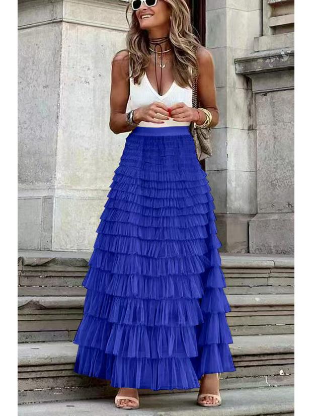 "Kadınların Zarif Sonbahar Fransız Yüksek Bel Uzun File Etek – Avrupa & Amerikan Tarzı Puf Kek Etek"