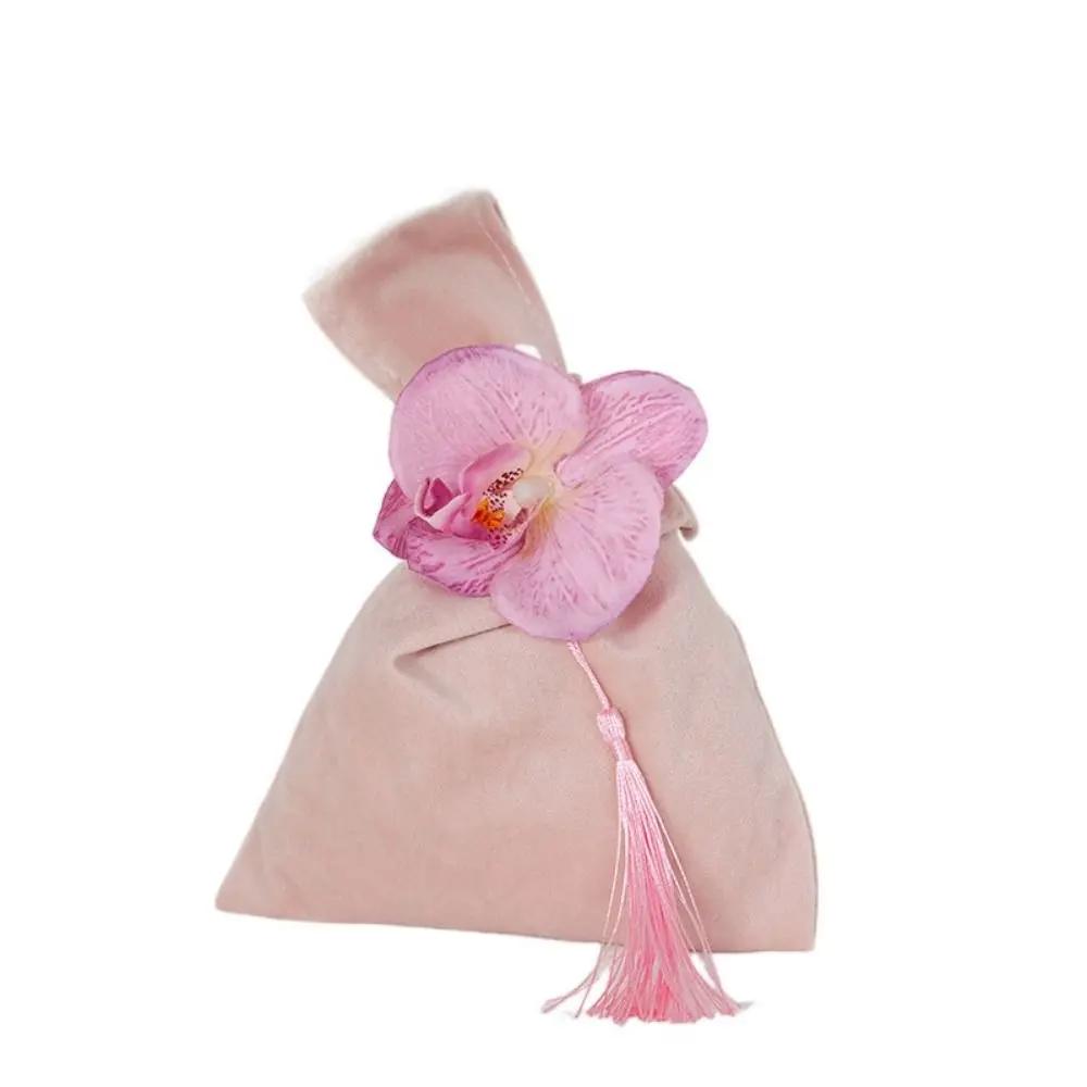 Tassel Velvet Knot Tope Handle Large Capacity Flower Wrist Bag Small Tote Bag Festive Sugar Bag Wedding