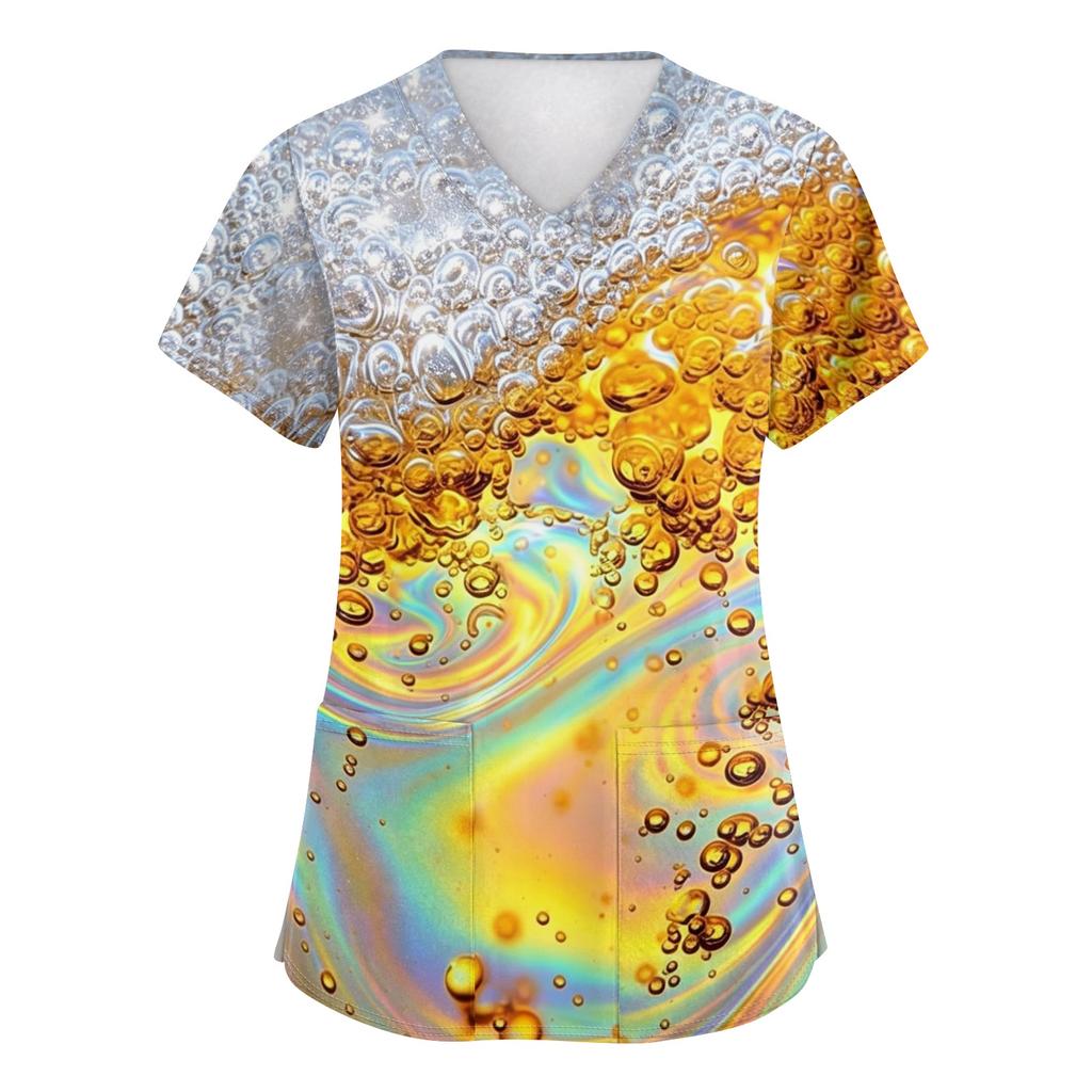 Women's V Neck Short Sleeve Work Shirt with Pockets Beer Festival Print Medical Nurse Scrub Top for Healthcare Professionals