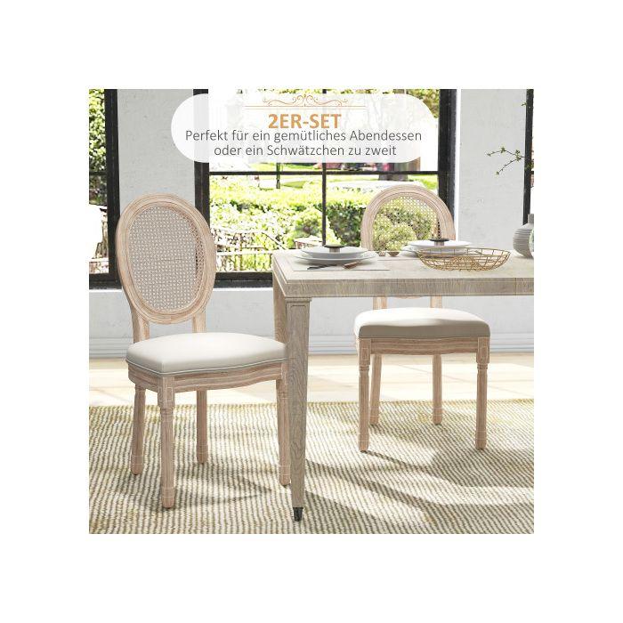 Dining Chairs - MUVOE - Set of 2 - Linen Fabric &; Rattan - Solid Wood Legs - Vintage Style