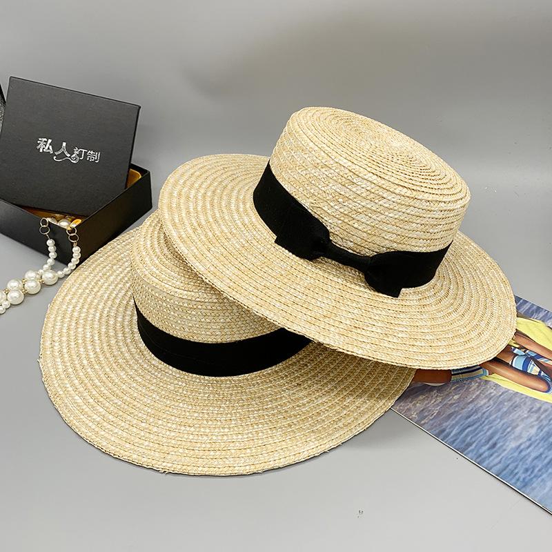 Summer Straw Braided Warp Knitted Monochrome Sunshade Women'S Flat Top Big Brim Straw Hat Travel Hat