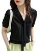 Knitted Short Sleeved T-shirt for Women White Tencel Lace Up Bow Top