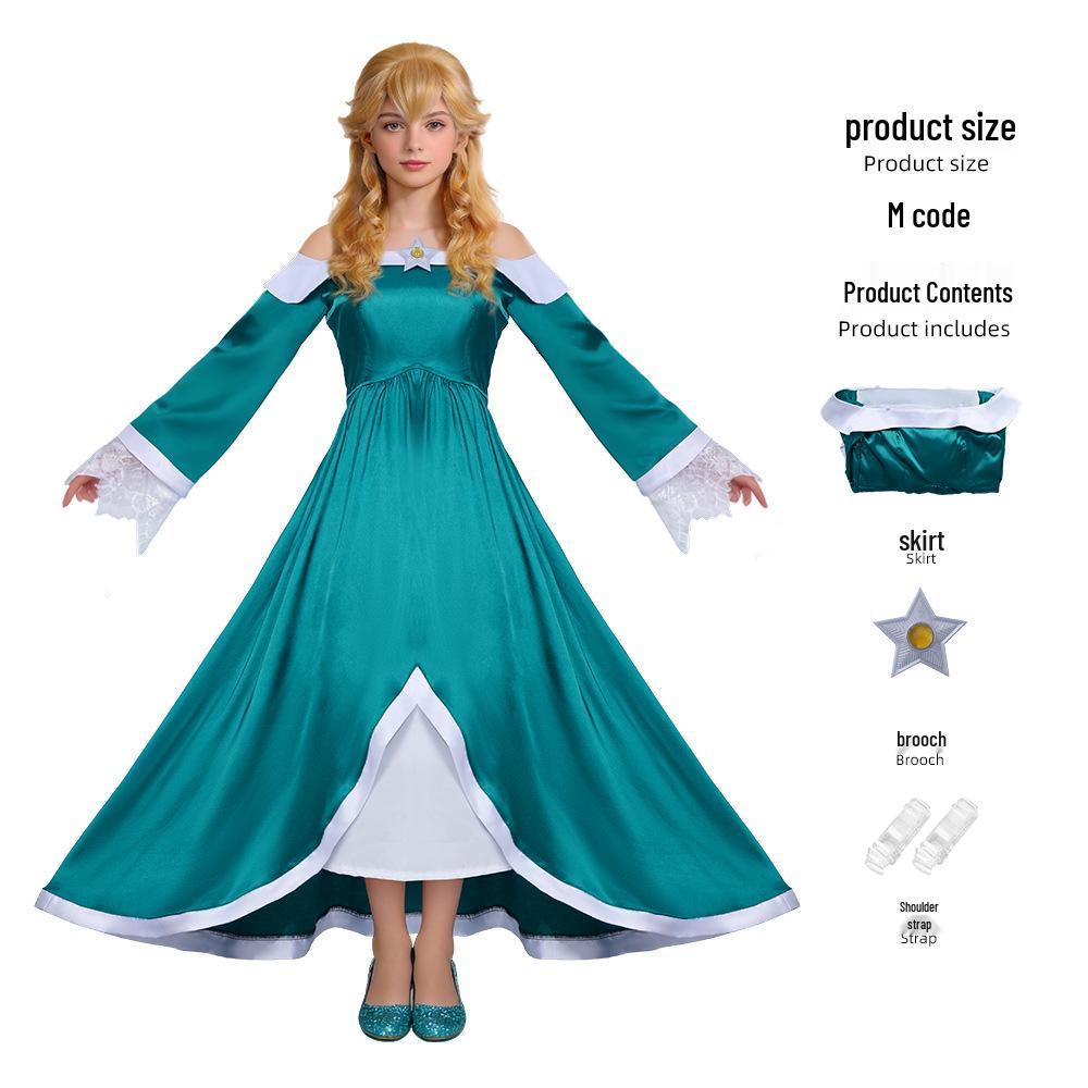 Rosalina Galaxy Princess Off-Shoulder Long Dress for Kids - Super Mario Cosplay 110 cm