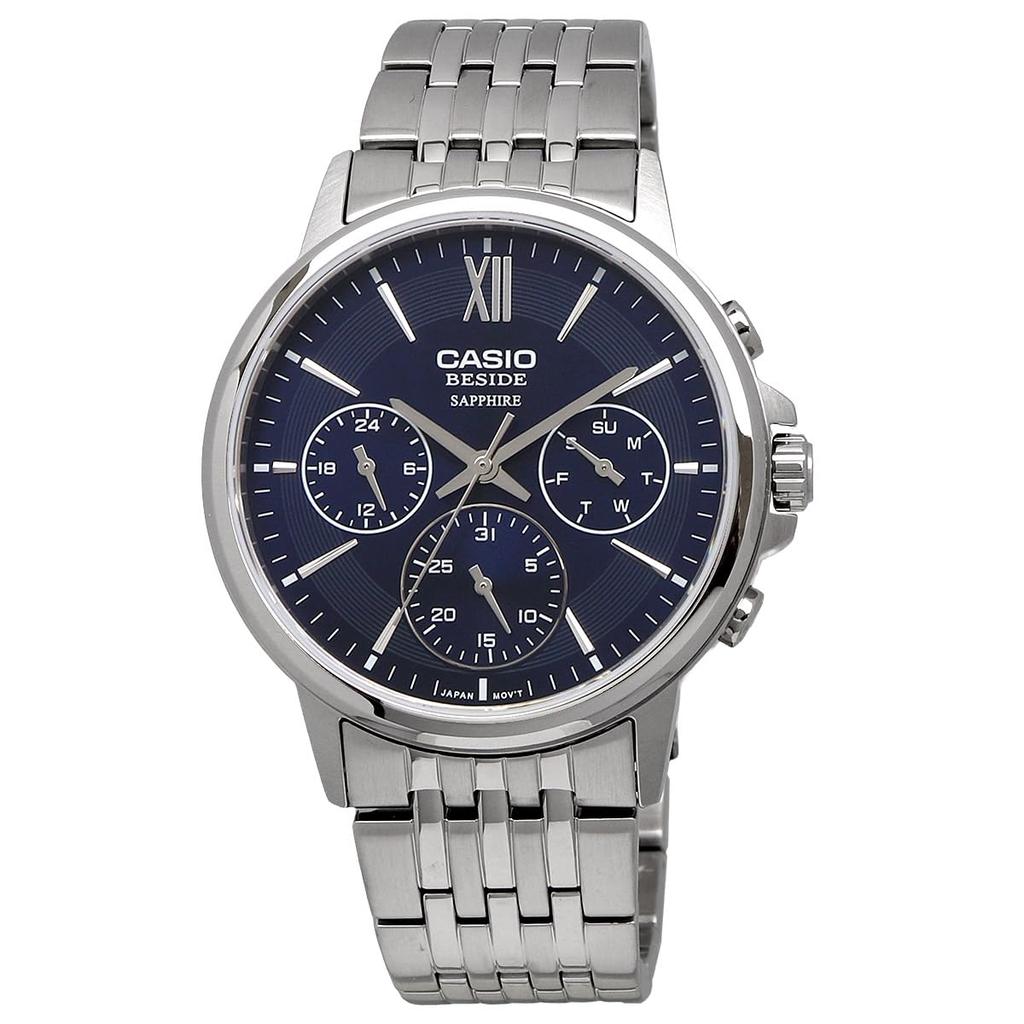 CASIO BESIDE Quartz Men Watch Sapphire Glass Stainless Steel Band Multiaxis 24 Hour Display Navy BMS-300D-2AV