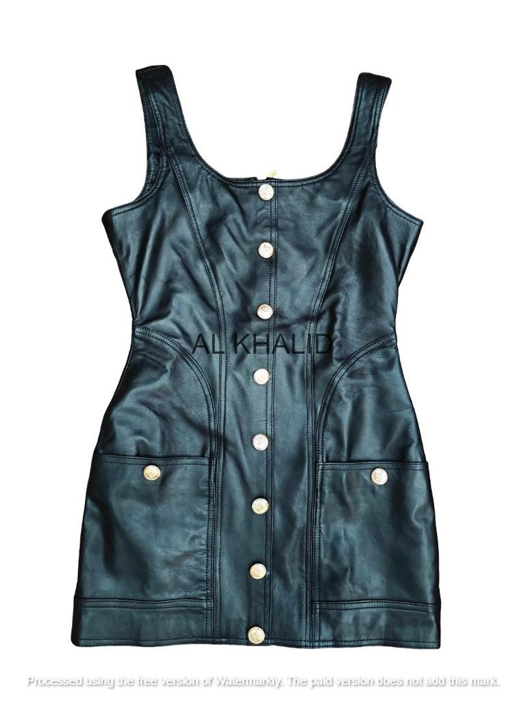 Stylish Party Casual Women's Black Genuine Lambskin Leather Dress Mini Handmade