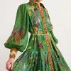 Retro Lantern Sleeve Lace-Up Printed Dress: European & American Women's Fashion