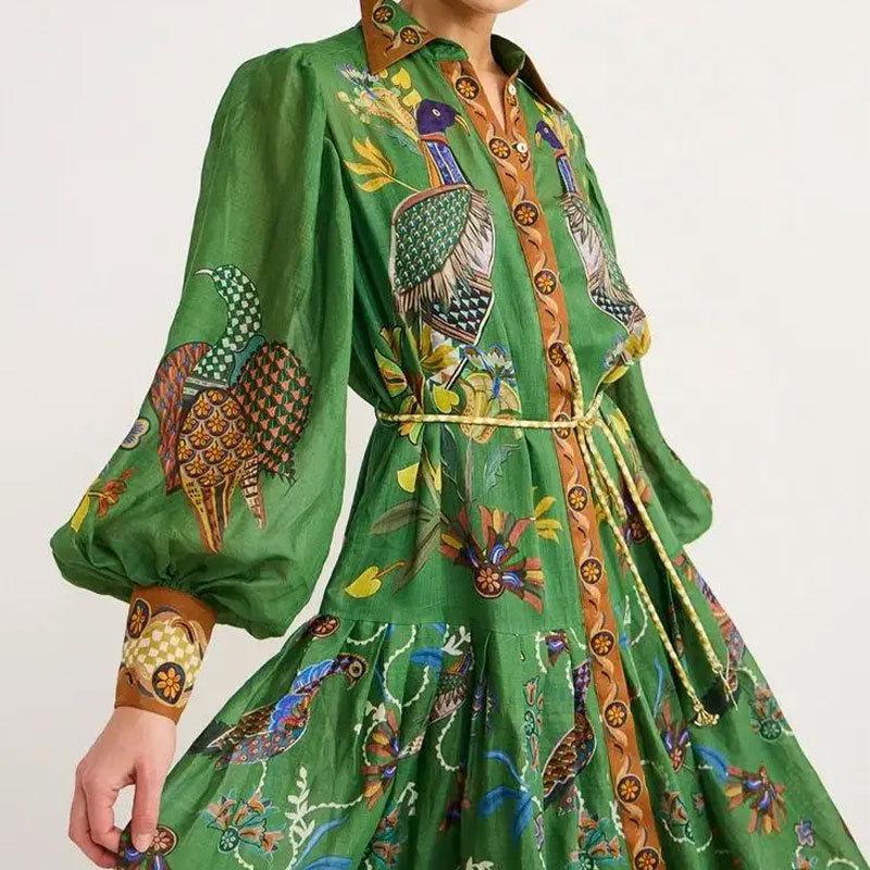 Retro Lantern Sleeve Lace-Up Printed Dress: European & American Women's Fashion