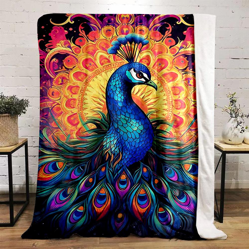 Colorful Peacock Design Warm blanket, Vibrant Mandala Pattern Flannel blanket for bedroom, living room, sofa, and nap.