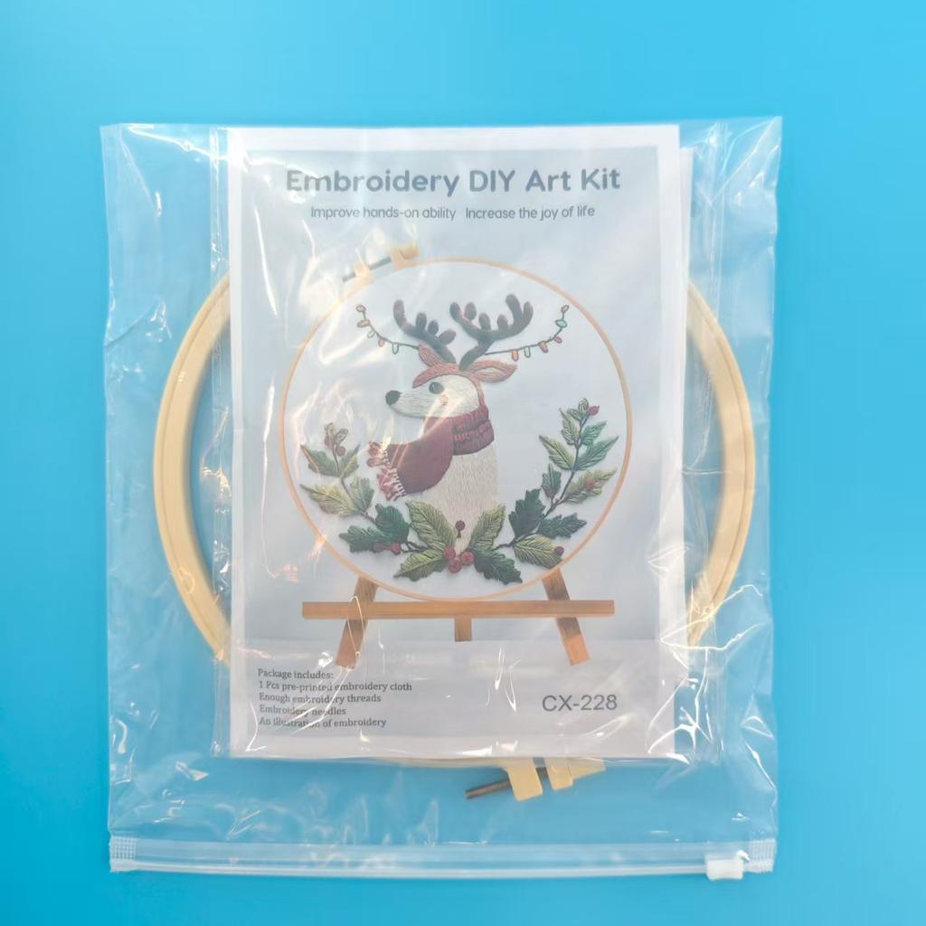 1set Christmas Embroidery KIT Christmas Deer Embroidery Kit English Needle Instructions DIY Embroidery Handmade Fabric Material Kit