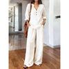 2026 New Women's Suit V-neck Long Sleeve Long Pants Solid Color Loose Casual Two-piece Set