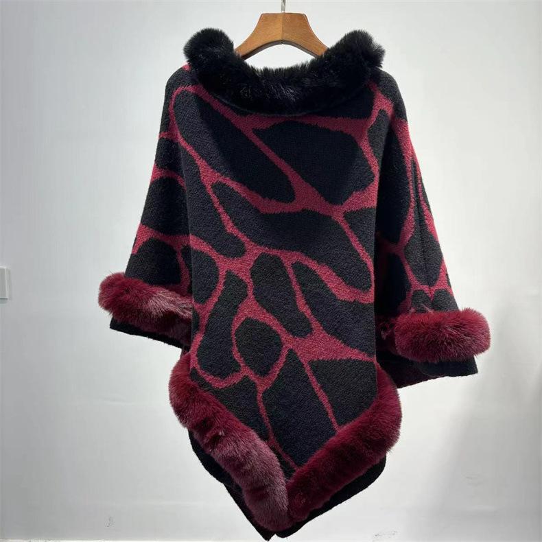 

New Autumn and Winter Pullover Women s Cape Shawl European and American Plus Size Irregular Loose Color Blocked Cloak Coat бордовий