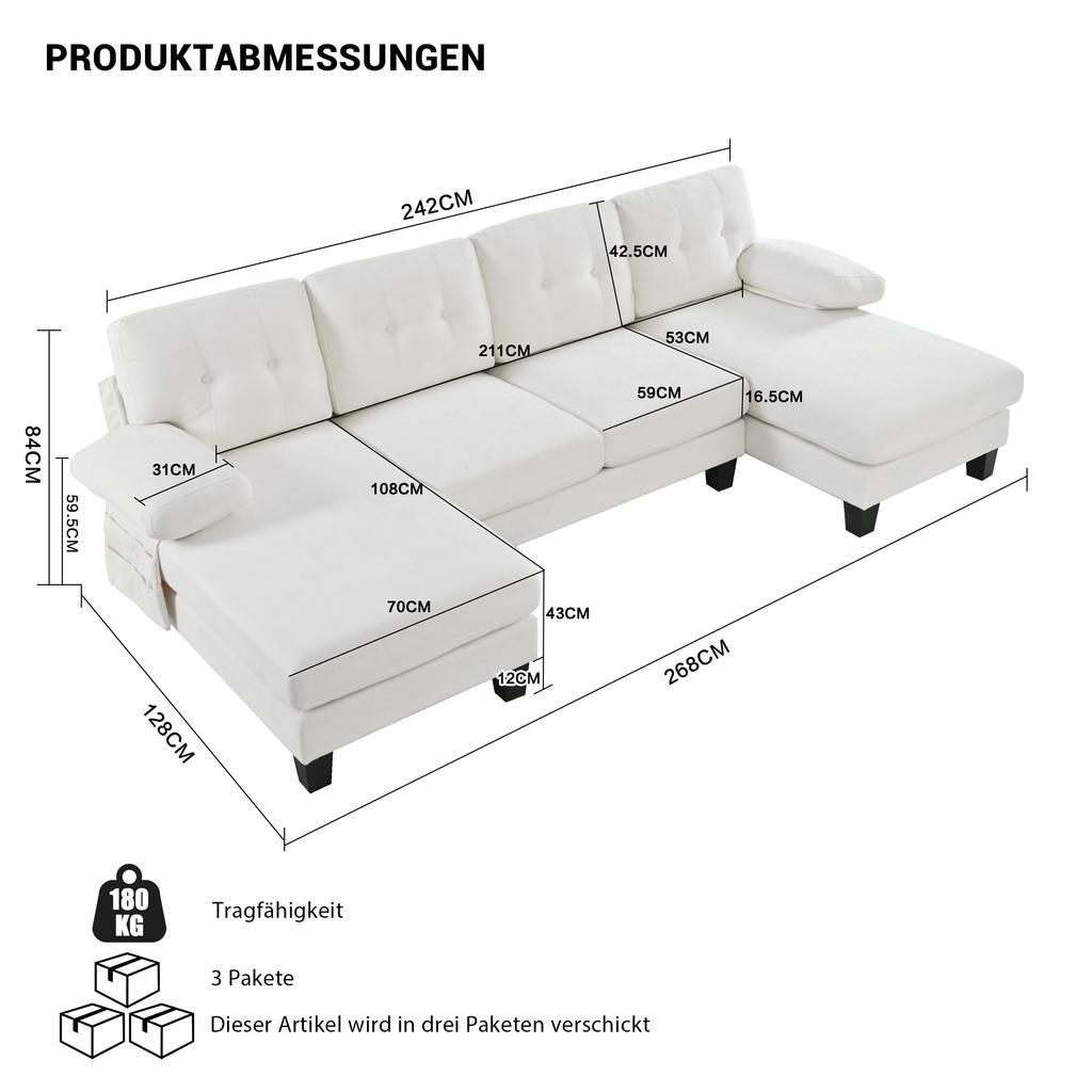 Divano Angolare a U a 4 Posti con Chaise Longue, Divano Moderno in Chenille, Divano Letto con Schienale Regolabile, Divano per Ospiti per Soggiorno e Ufficio, Beige