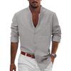 Spring Autumn Top Standing Collar Men's Clothing Solid Color Long Sleeve Button Men's Cotton Linen Shirt