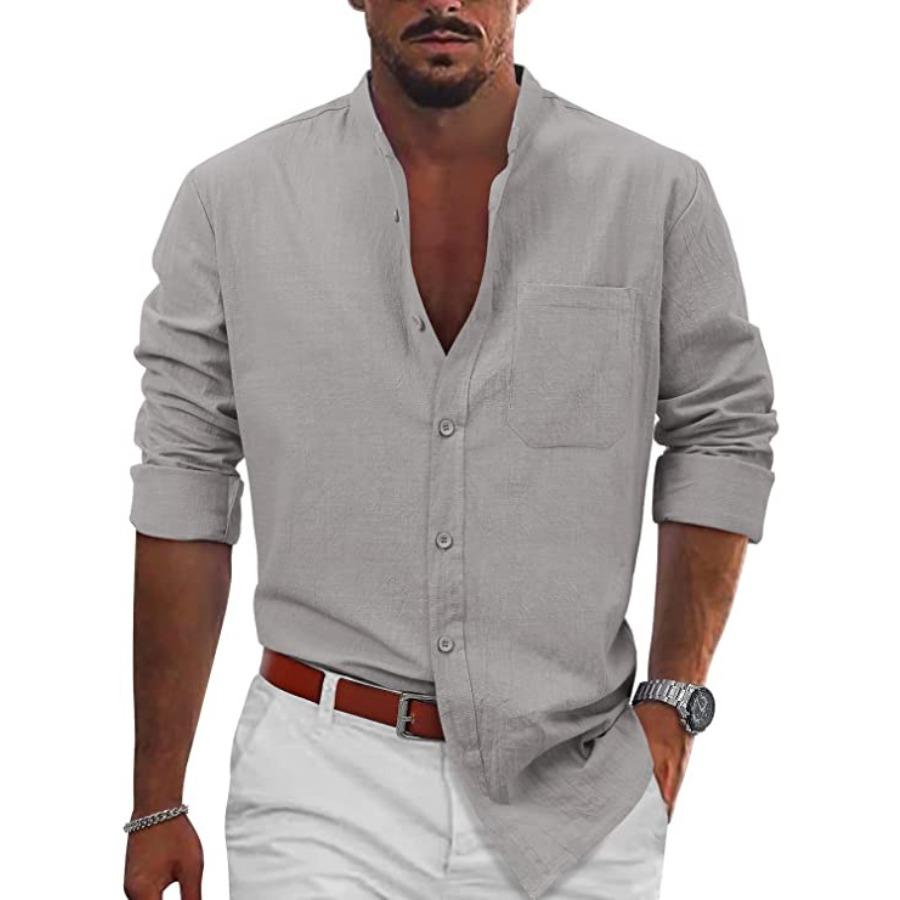 Spring Autumn Top Standing Collar Men's Clothing Solid Color Long Sleeve Button Men's Cotton Linen Shirt