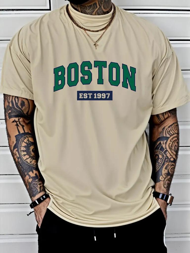 Simple and Fresh Letter Pattern 3D Printed T-shirt for Summer Outdoor Casual Short Sleeved Top, Soft and Comfortable Men's O-neck Clothing