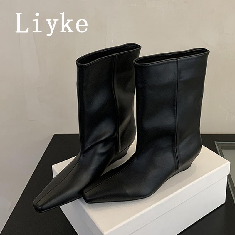 

Fashion Liyke Winter New Soft Leather Ankle Short Boots Women Fashion Pointed Toe Elegant Low Heel Dress Ladies Pumps Shoes Modern Botas 35 чёрный