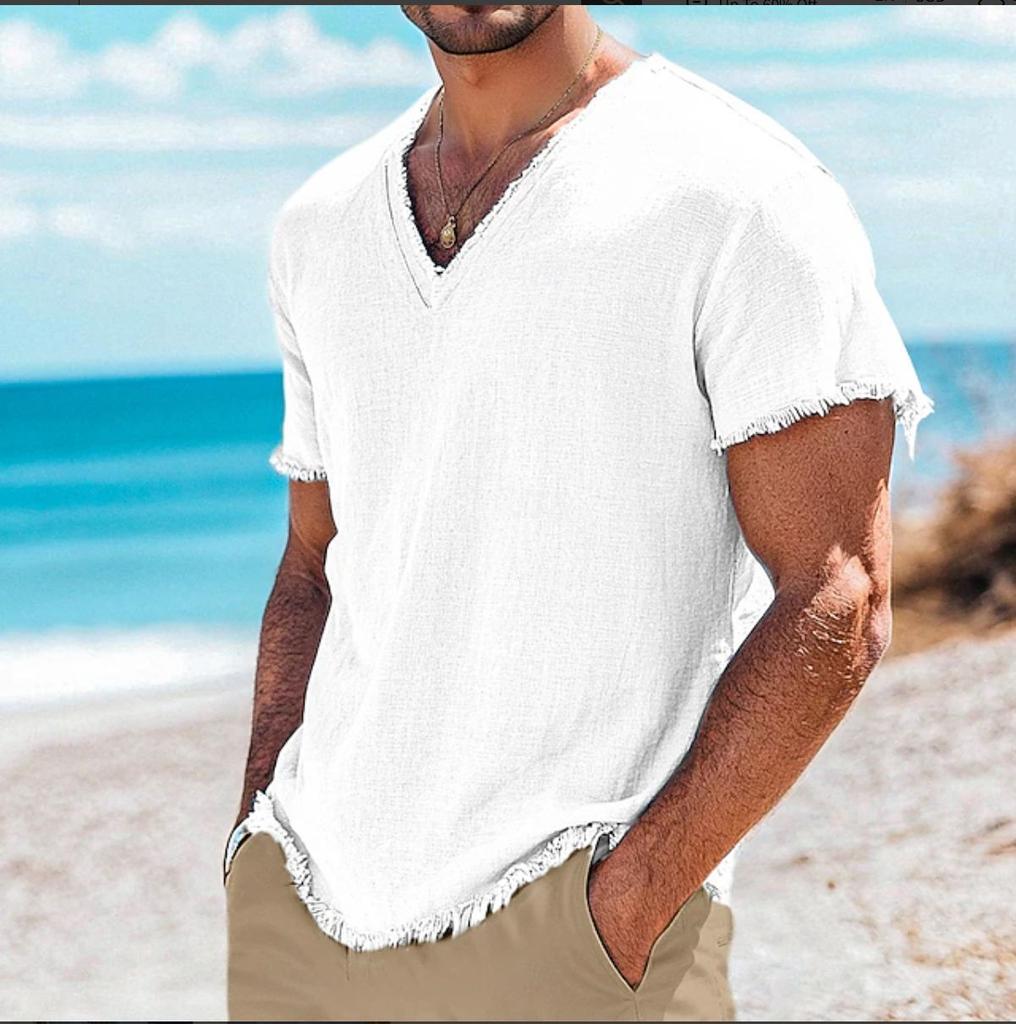 Mens Cotton Blend T Shirt Short Sleeve V Neck Summer Solid Casual Top