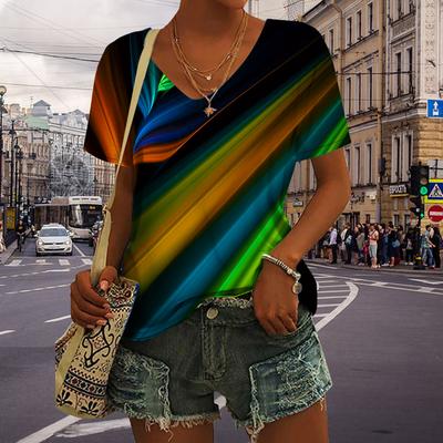 Women's V-Neck Short Sleeve Multicolor Rainbow Printed Tops Loose T-Shirt Casual Blouse