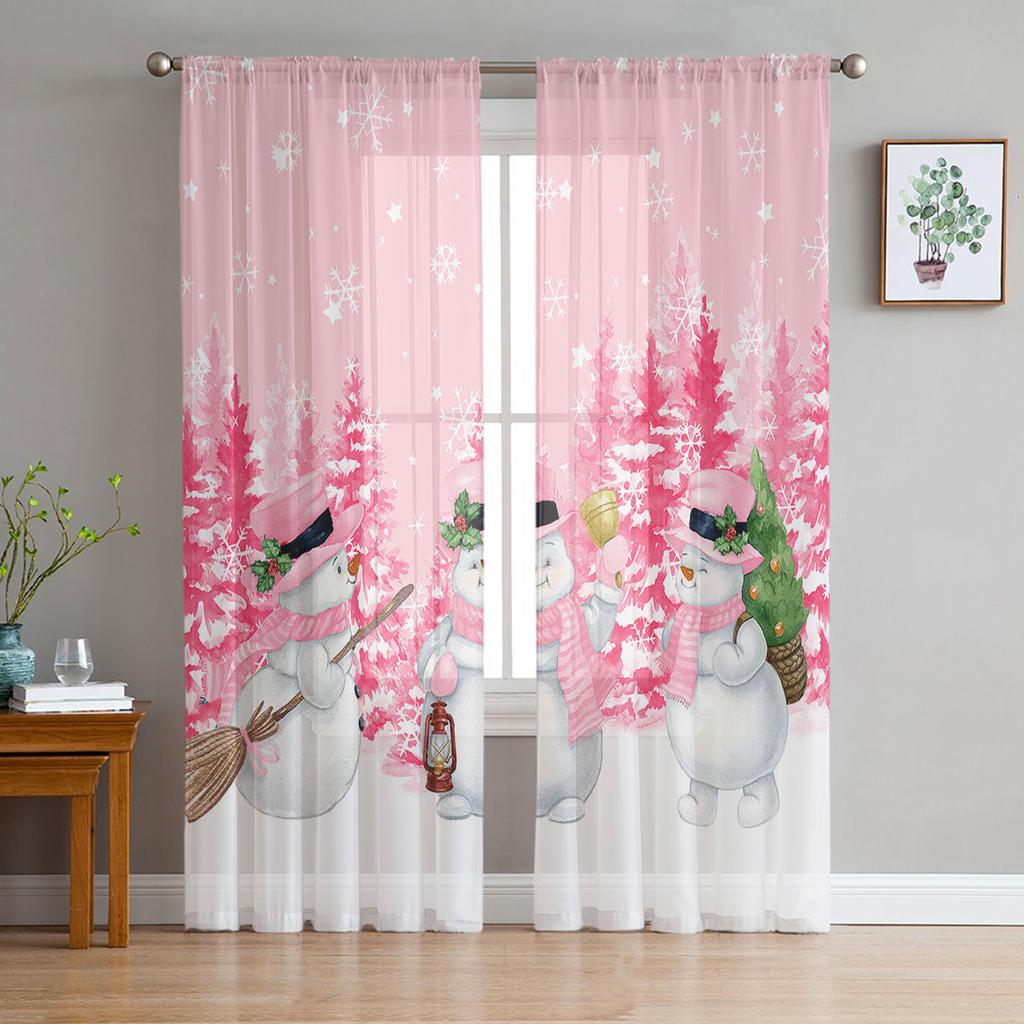 Rosa Weihnachtsbaum Schneeflocke Weihnachtsmann Tüllvorhänge für Wohnzimmer Schlafzimmer Dekor Chiffon Transparent Voile Küchenfenstervorhänge