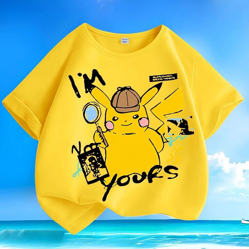 Summer Pikachu Pokémon Kids T-shirt Wrinkle-free Machine Washable Loose Short Sleeve Tops