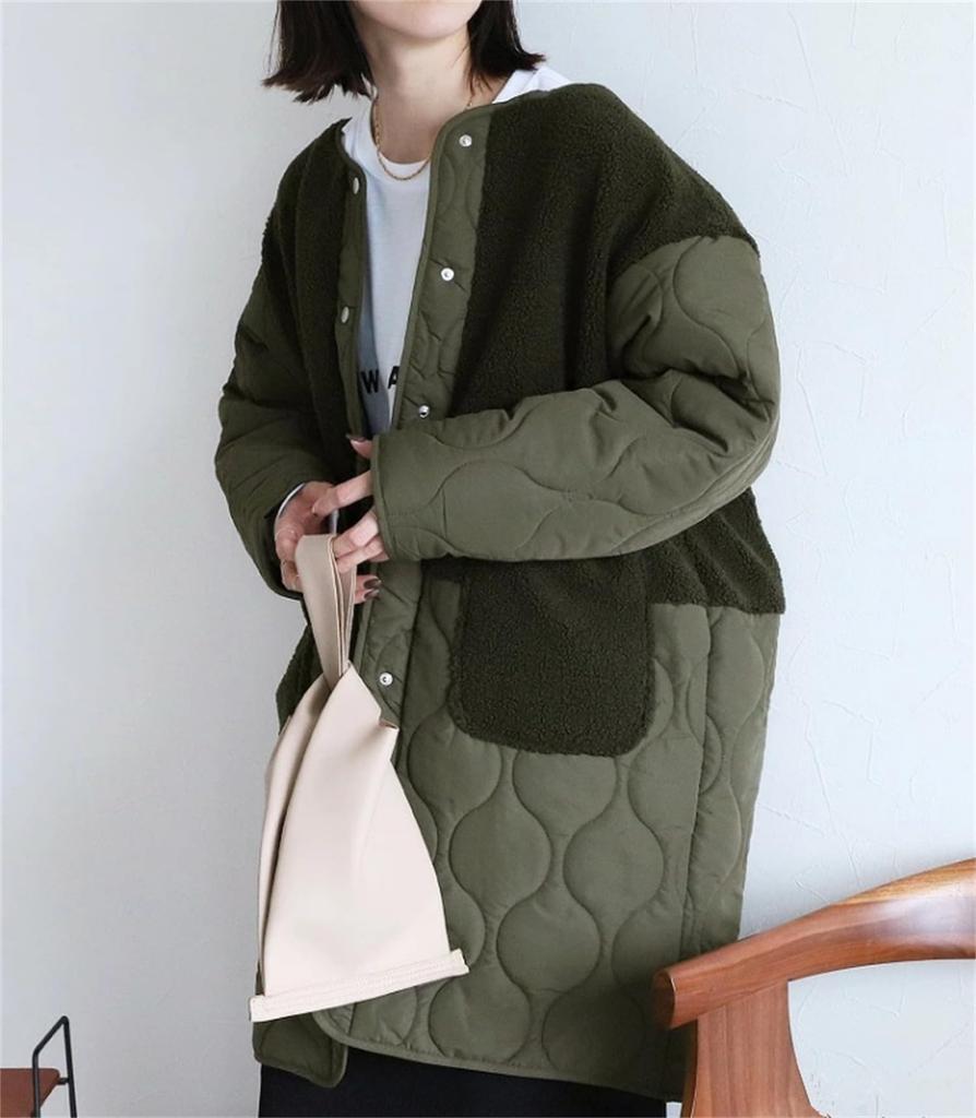 Quilted Long Slimming Winter Loose Fit [kisetsumate] Women's Jacket, Outerwear, No-Collar Boa, Coat, Lightweight, Warm, Padded, (Free Size, Green)