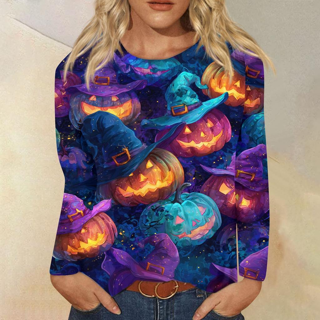 Dames casual top met lange mouwen en Halloweenprint, ronde hals