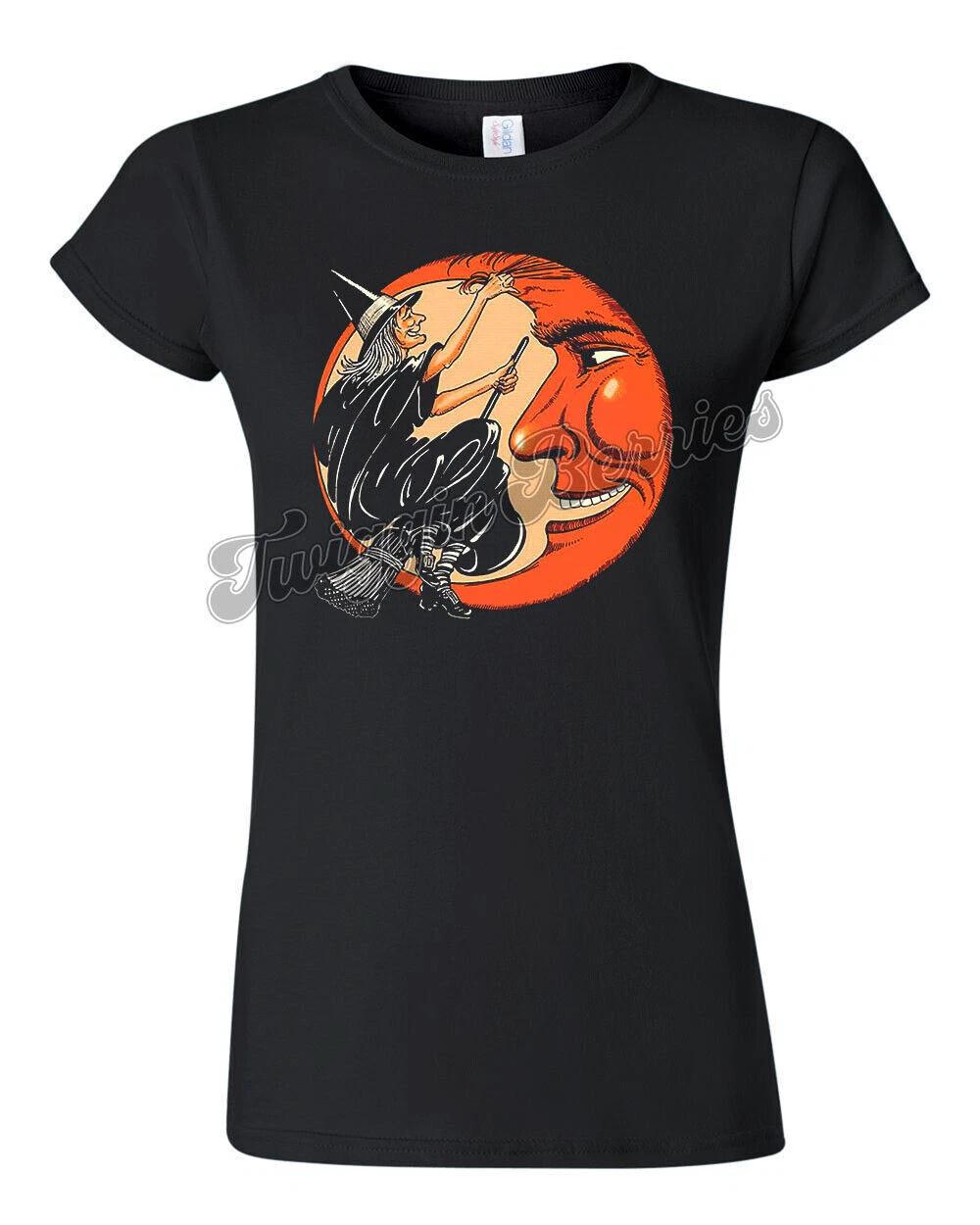 Retro Halloween Tee T Shirt Vtg Art Goth Witch Women s Crescent Moon L