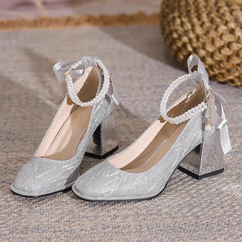 Temperament socialite high heels silver wedding shoes bridesmaid shoes autumn new square head mary pearl shoes