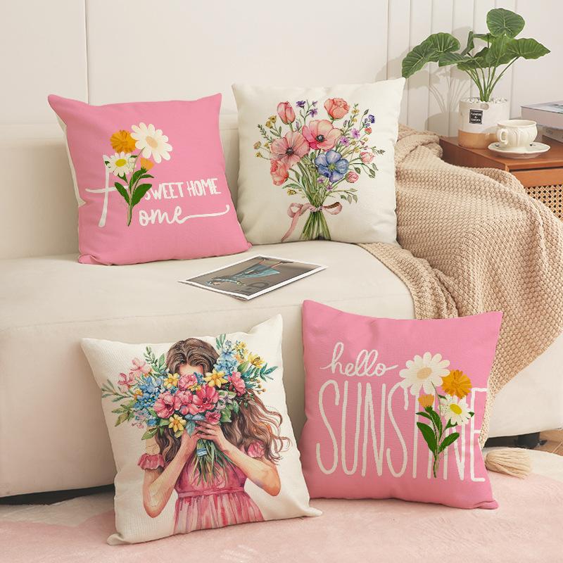 Pink Floral Set Sofa Pillow Cover Nordic Simple Versatile Linen Cushion New Car Cushion