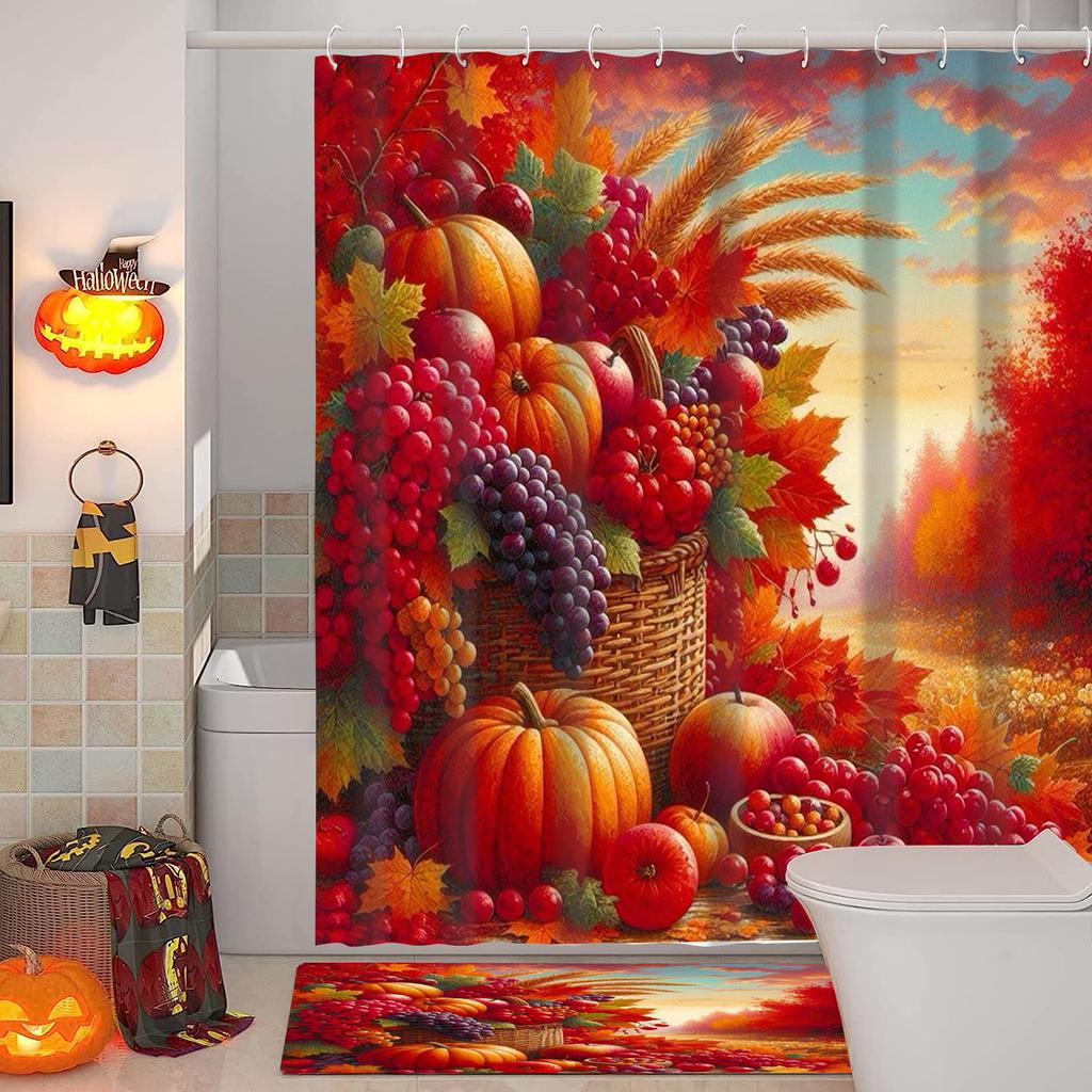 Harvest Thanksgiving Maples Pumpkin Pattern Bathroom Shower Curtain With 12 Hooks Bathroom Decor and Accessories