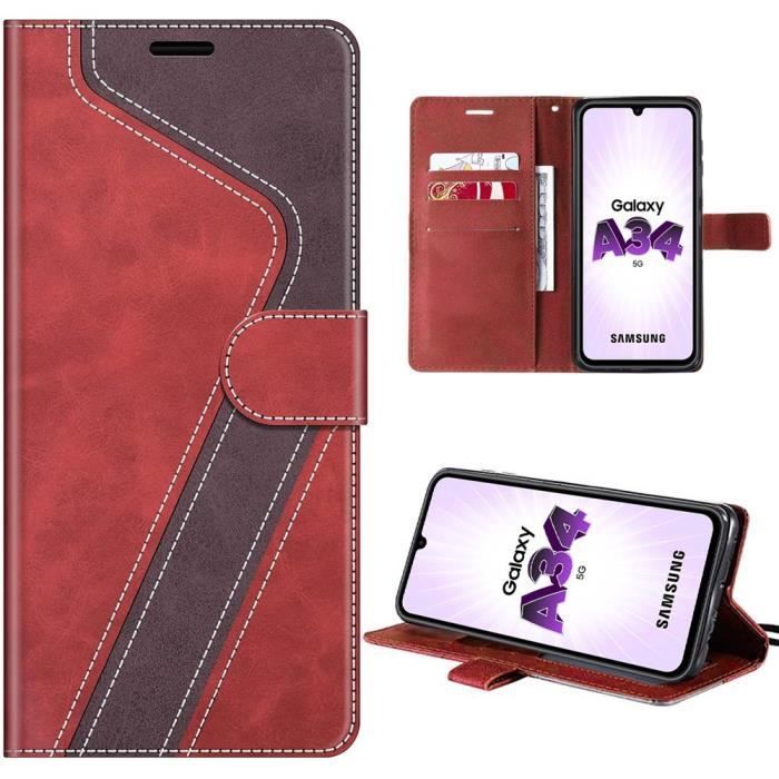 Coque pour Samsung Galaxy A34 5G, Protection Bicolore à Motif en Simili Cuir Rouge avec Fentes pour Cartes et Béquille Intégrée