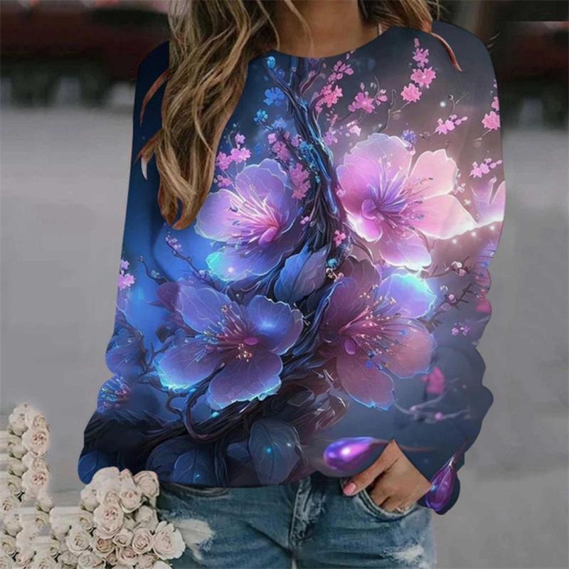 Spring and Autumn Round Neck Rose Flower 3D Printed Top Fashionable Casual Long Sleeved Women's T-shirts