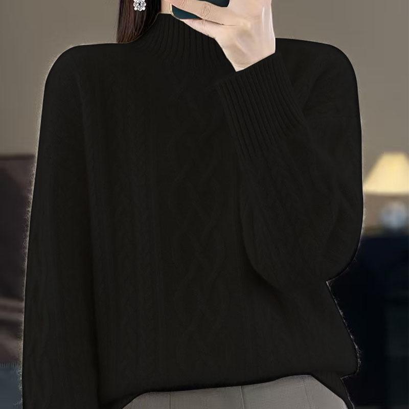 2024 Winter Women's Wool Knit Sweater - Twisted Flower, Half-High Neck, Thick & Loose Fit