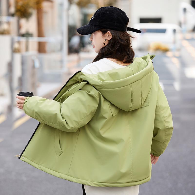 סתיו חורף מעיל פארקה חם מעובה נשים קז'ואל מתוק צבע אחיד כיס גדול מעיל רופף עם קפוצ'ון ז'קטים הלבשה עליונה