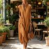 Women Stand Collar Sleeveless Dress Deep V Neck Side Slit Tunic Dress Casual Vacation Long Dress with Pockets