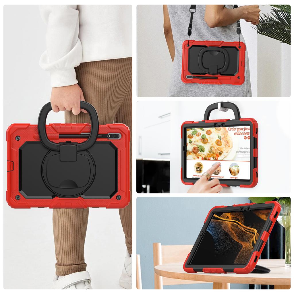 Stand Armor Case Universal For Galaxy Tab S8 S7 11" SM-X700 706 SM-T870 T875 T876 With Rotating Handle Grip Cover Shoulder Strap