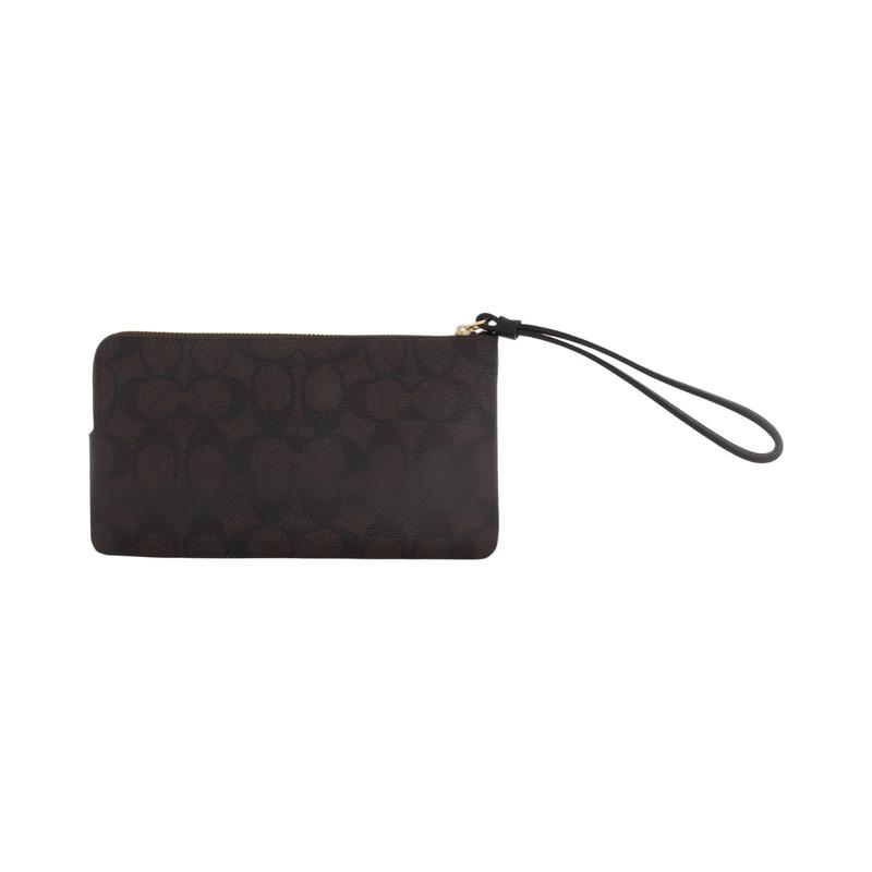 Coach 20 Iconic Brand Print Zipper Closure Faux Leather Clutch Small Women’s Walnut and Black Black
