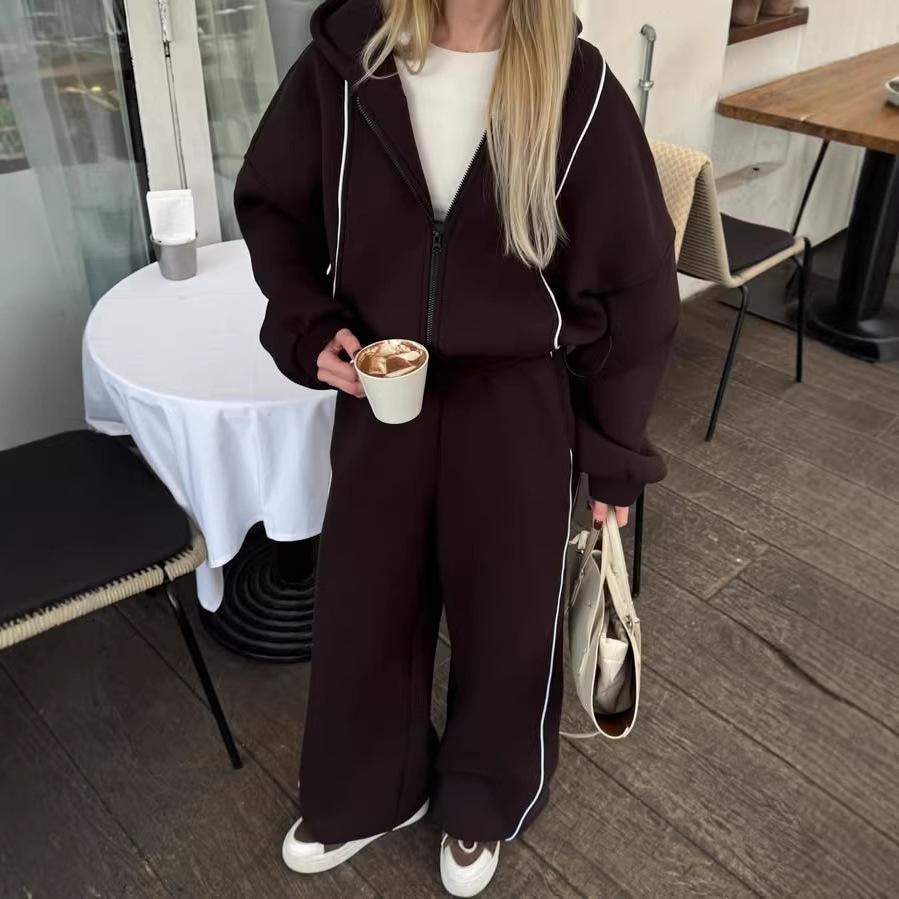 Amazon European and American casual sweater women's suit loose hooded cardigan jacket elastic wide-leg pants two-piece set
