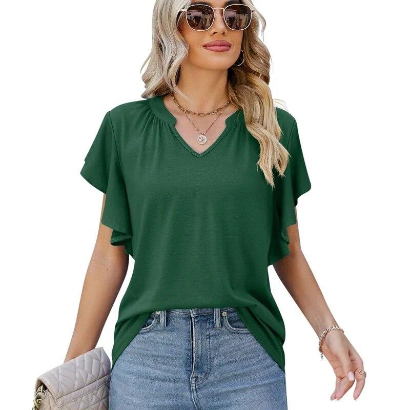 2026 Summer Casual Ruffled Edge Women Tshirt V-neck Fashion Solid Color Tee Shirts Elegant Pleated Loose Simple Blouse 30610
