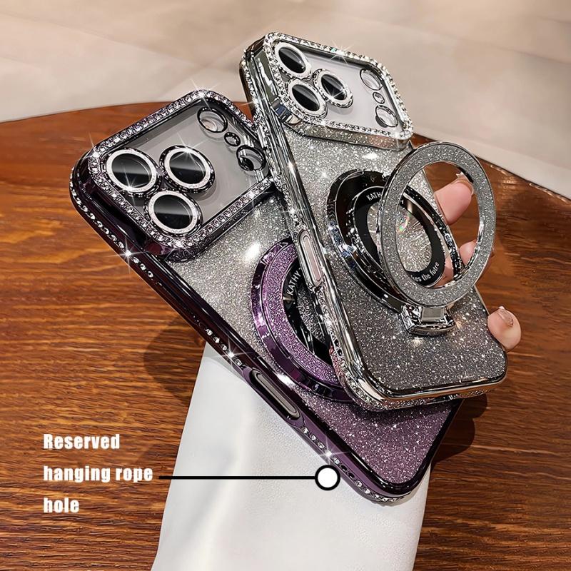 Plating For  Magnetic Stand Holder Rhinestones Case For For Iphone 17 Pro Max 16 11 12 13 14 1 Plus Diamond Bumper Cover
