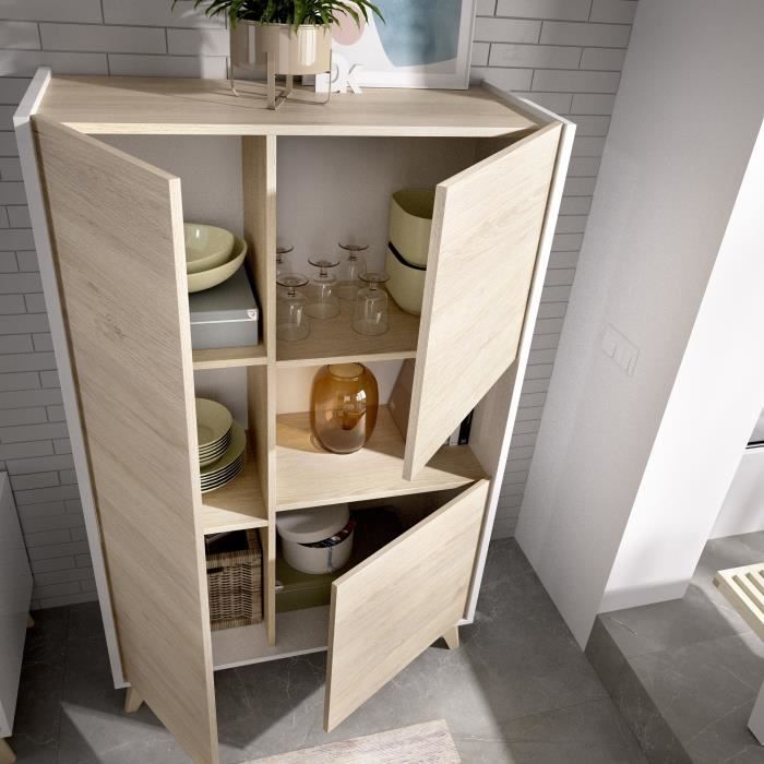 Buffet haut 3 portes - Décor Chêne et blanc - NESS - L 81 x P 43 x H 135 cm