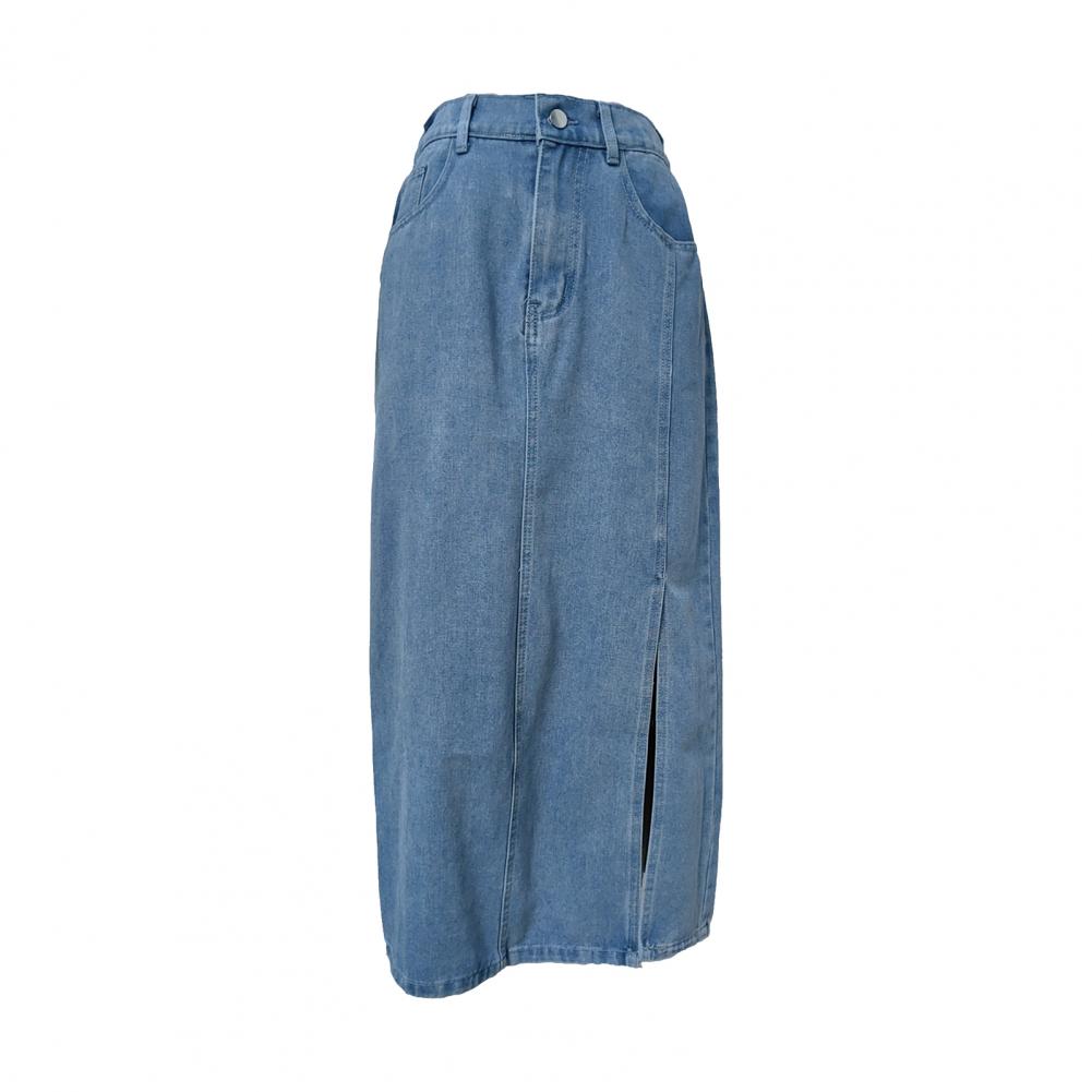 Summer Midi Skirt Button Zipper Fly Side Slit Design Denim Skirt with Pockets Retro Summer Denim Casual Skirt Daily Wear