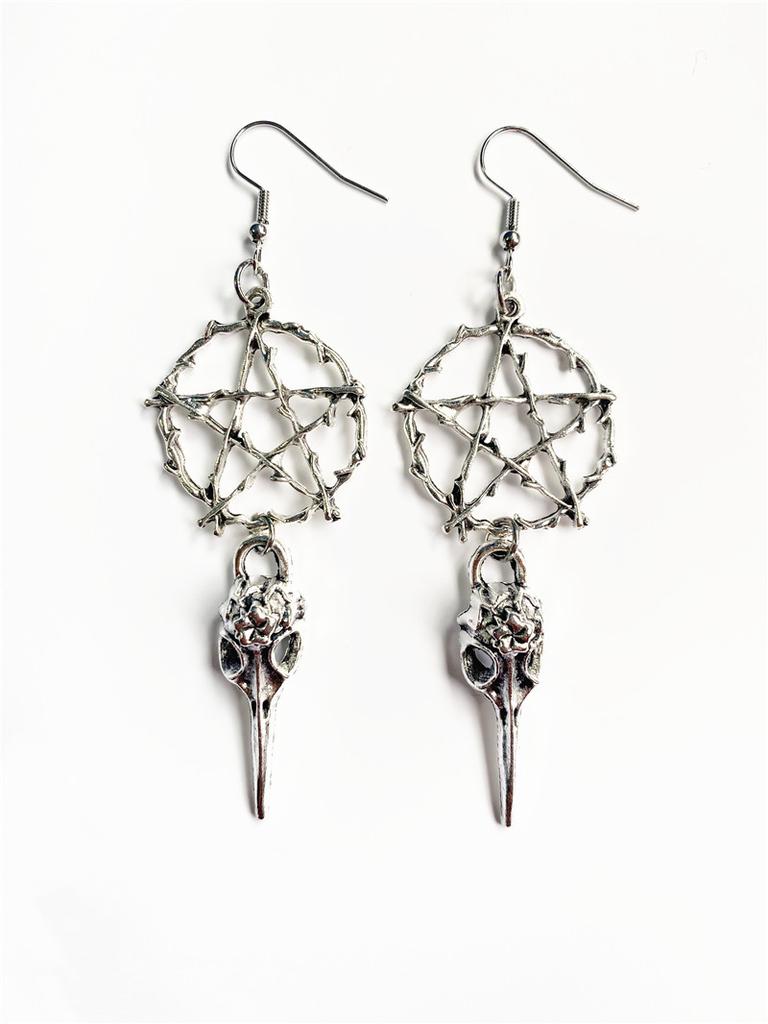 Goth Punk Sliver Color Big Five-pointed Star Rune Bird Beak Skull Pendant Dangle Earrings for Women Men Halloween Party Jewelry