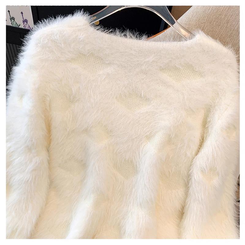 Autumn Winter Women Sweet V-neck Soft Furry Mohair Beading Knitted Sweater Christmas Short Pullover Tops