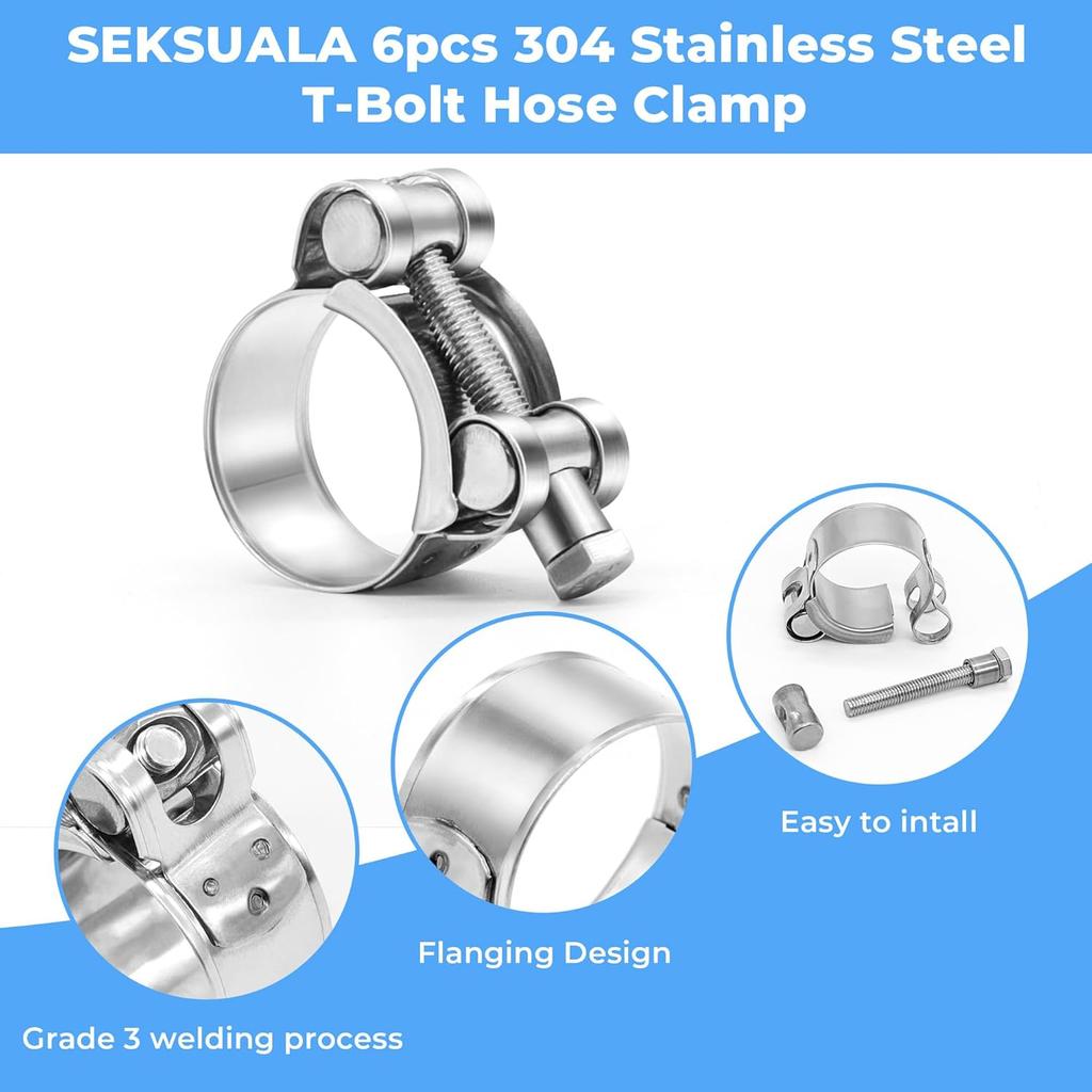 6PCS 304 Stainless Steel Hose Clamps T Bolt Exhaust Pipe Clip 17-174mm Heavy Duty Turbo Intercooler Adjustable Pipe Tube Clamps