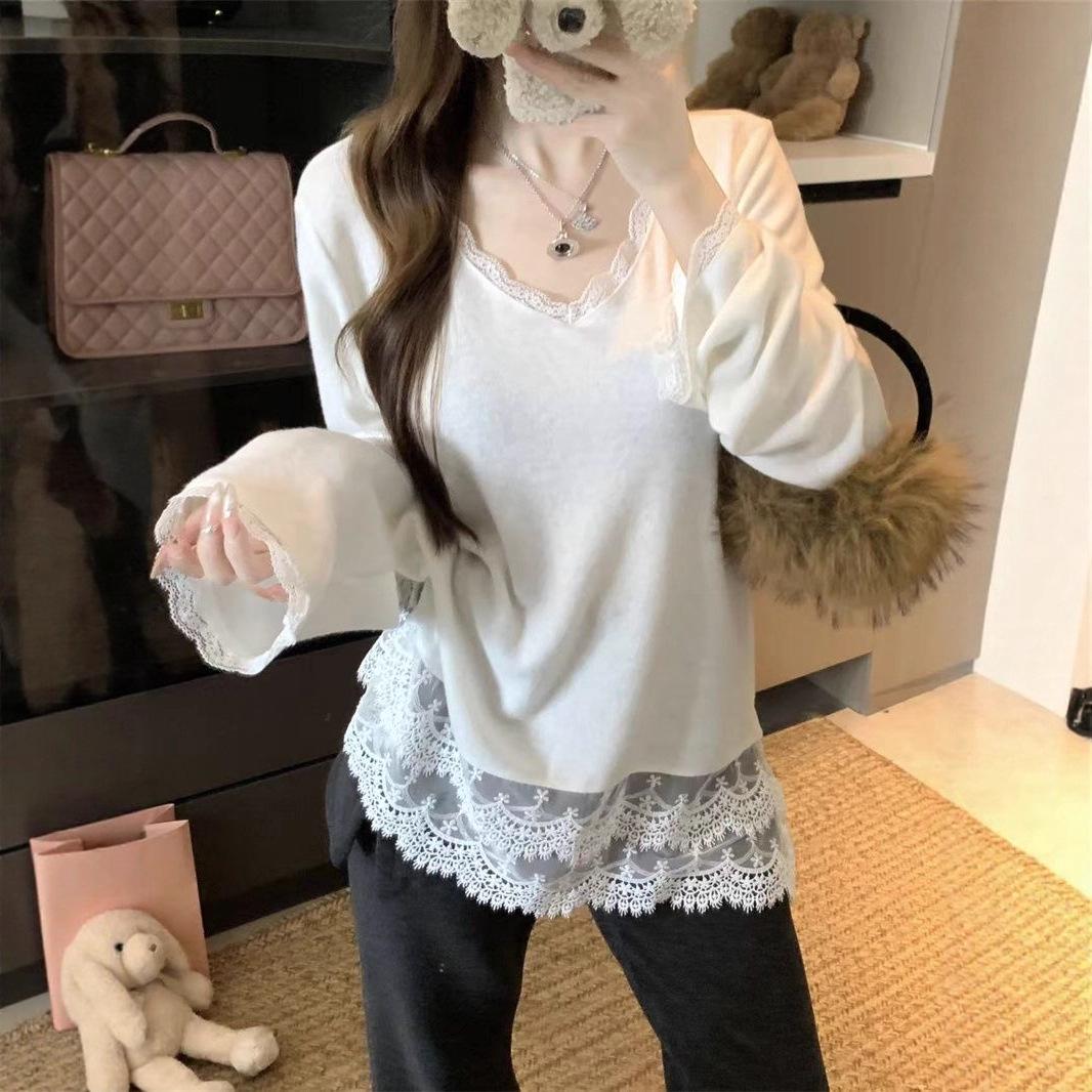 Women s Autumn/Winter Lace Trim V-Neck Long-Sleeve Loose T-Shirt - Niche Design Sense L белый