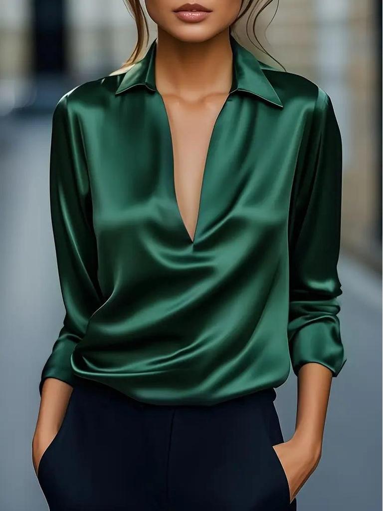 2025 Autumn Elegant Women's Deep V-neck Long Sleeve Shirt - Solid Color, Commuting Style