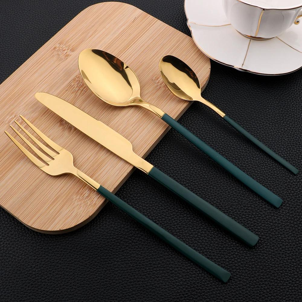 24Pcs Gold Tableware Sets Stainless Steel Cutlery Knife Tea Fork Coffee Spoon Flatware Dishwasher Safe Dinner Kitchen Dinnerware