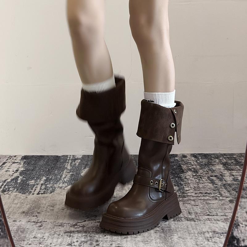 Cowhide version of Maillard boots, women's two wear lapel boots, thick soles increase height, western slim knight boots, Martin boots